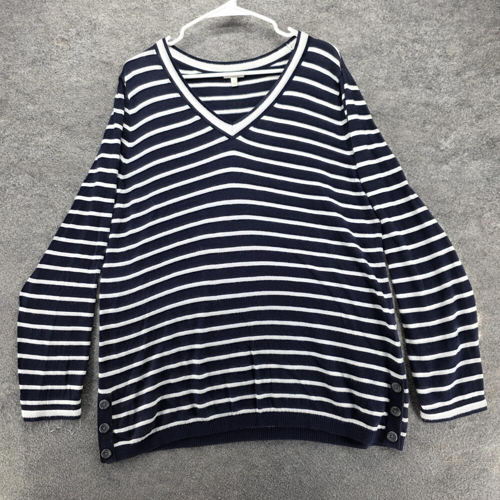 Talbots Sweater Pullover Womens L Blue Striped V-Neck Button Hem Tight-Knit